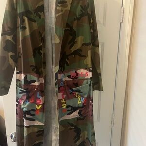 Camouflage Trench Coat with Colorful Accents